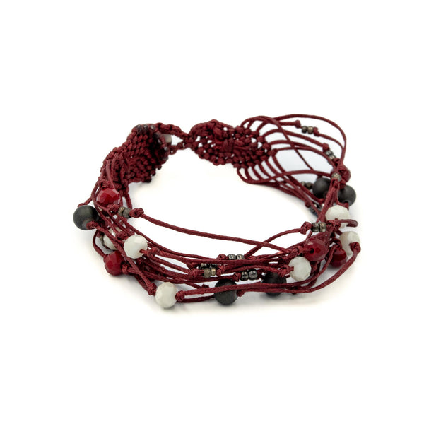 ARACHNE | Red Cloth & Black+White Gemstone Beads Bracelet