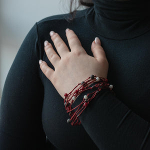 ARACHNE | Red Cloth & Black+White Gemstone Beads Bracelet