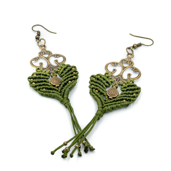 MEGAERA | Green Macrame & Silver Ornament Earrings