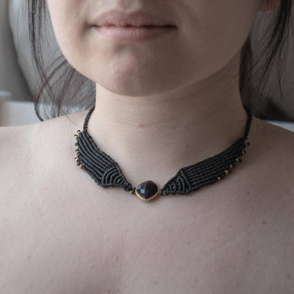 PERSEPHONE | Black Macrame & Black+Gold Gem Necklace