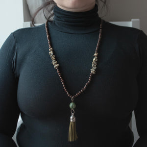 TAYGETE | Brown Beads & Green Leather Fringes Necklace