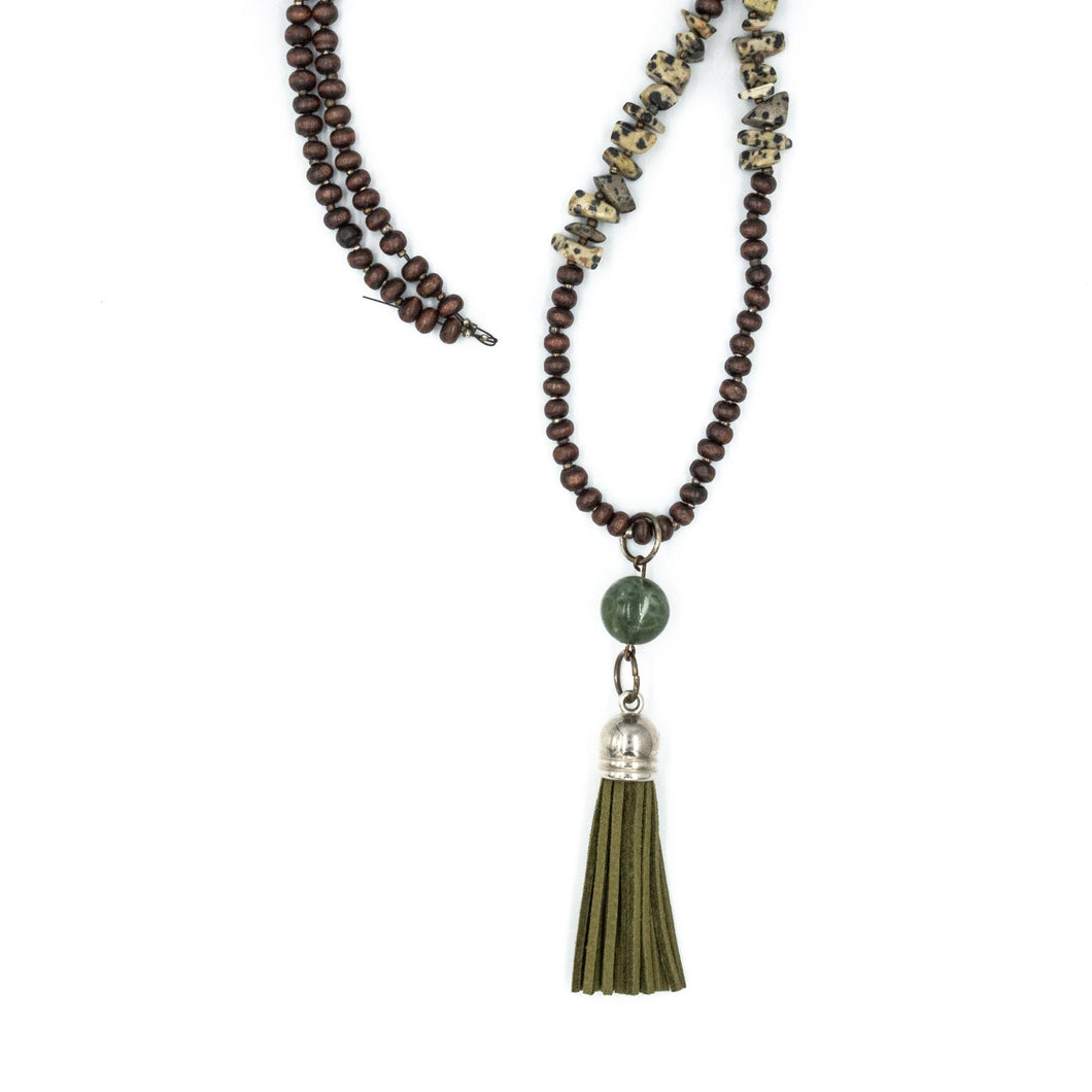 TAYGETE | Brown Beads & Green Leather Fringes Necklace