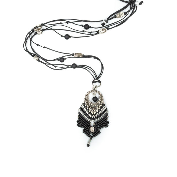 TISIPHONE | Black Waxed Linen & Macrame Ornament Necklace